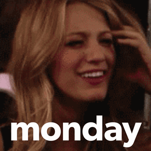 A Woman Is Smiling With The Word Monday Behind Her GIF