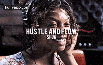 A Woman Is Smiling With The Words `` Hustle And Flow Smug '' Written Above Her . GIF