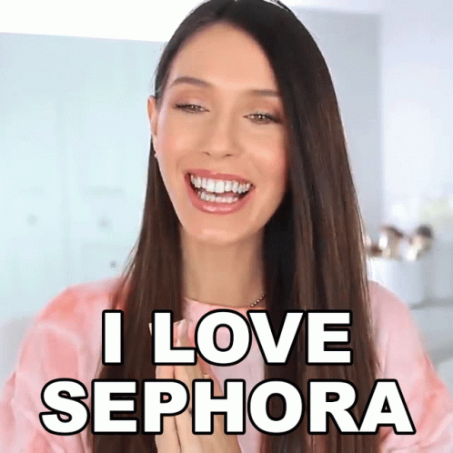 A Woman Is Smiling With The Words I Love Sephora Above Her GIF