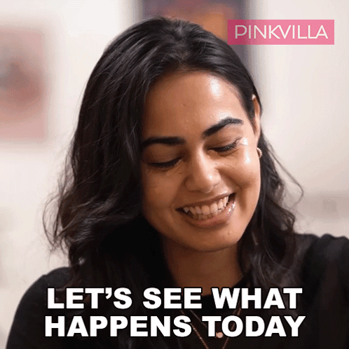 a woman is smiling with the words let 's see what happens today