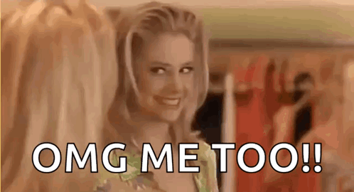 A Woman Is Smiling With The Words `` Omg Me Too '' Written Next To Her . GIF
