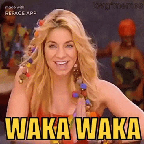 a woman is smiling with the words waka waka written on her face