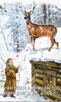 A Woman Is Sniffing Out A Big Buck In The Snow . GIF