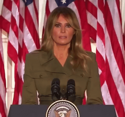 A Woman Is Standing At A Podium In Front Of A Row Of American Flags GIF