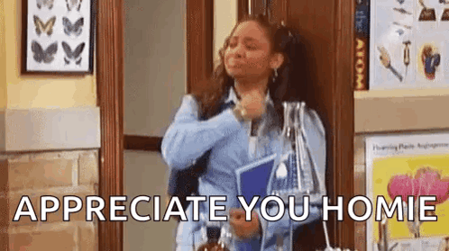 a woman is standing in a hallway holding a clipboard and a bottle and says `` appreciate you homies '' .