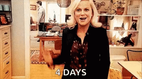 A Woman Is Standing In A Living Room With Her Hands In The Air And The Words `` 4 Days '' Written On Her Face . GIF