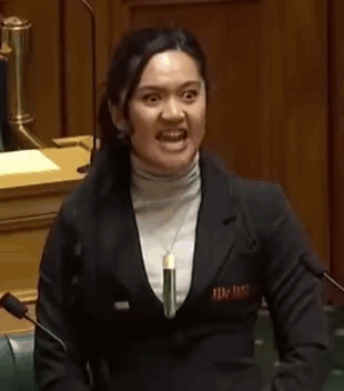 A Woman Is Standing In A Parliament Holding A Piece Of Paper And Screaming . GIF