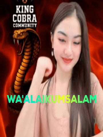 A Woman Is Standing In Front Of A King Cobra Community Logo GIF