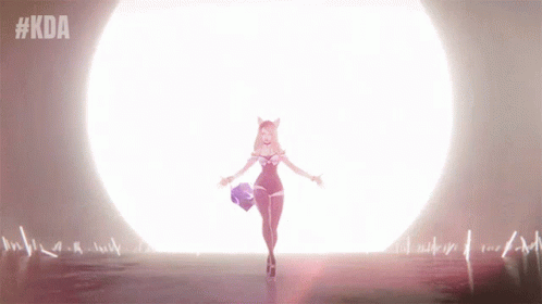 A Woman Is Standing In Front Of A Large Light With The Hashtag #Kda On The Bottom GIF