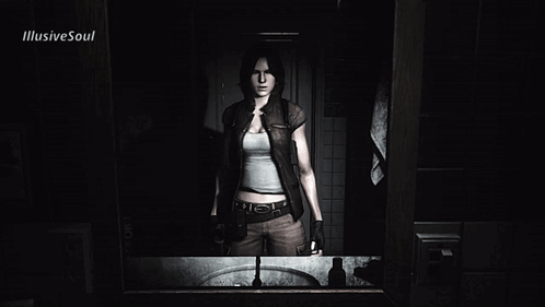 A Woman Is Standing In Front Of A Mirror With Illusive Soul Written On The Bottom GIF