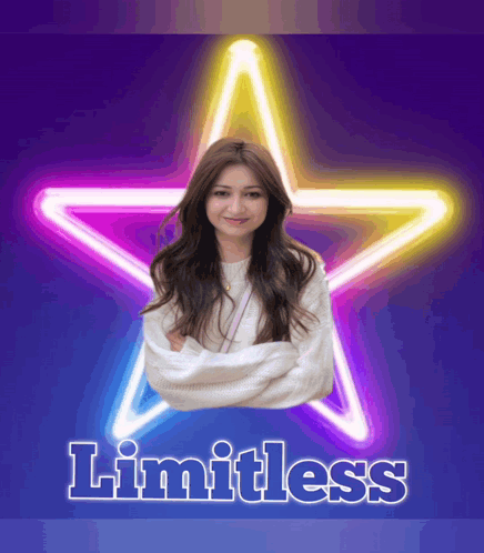 A Woman Is Standing In Front Of A Neon Star And The Word Limitless Is On The Bottom GIF