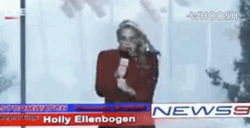 A Woman Is Standing In Front Of A News Banner With Holly Ellenbogen Written On It . GIF