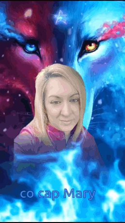 A Woman Is Standing In Front Of A Painting Of A Wolf And The Name Mary Is On The Bottom GIF