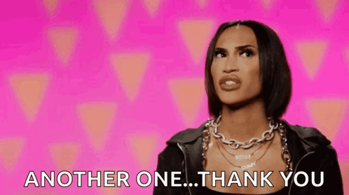 A Woman Is Standing In Front Of A Pink Background And Saying Another One ... Thank You . GIF