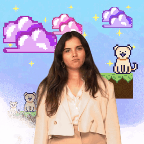 A Woman Is Standing In Front Of A Pixel Art Background With A Cat And Clouds GIF