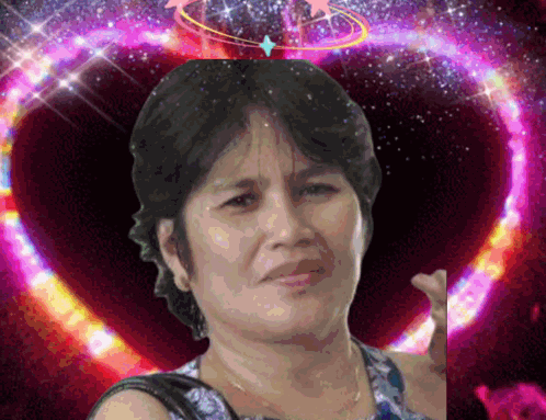 A Woman Is Standing In Front Of A Purple Heart GIF