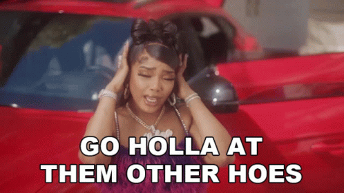 A Woman Is Standing In Front Of A Red Car With Her Hands On Her Ears And The Words Go Holla At Them Other Hoes Above Her GIF