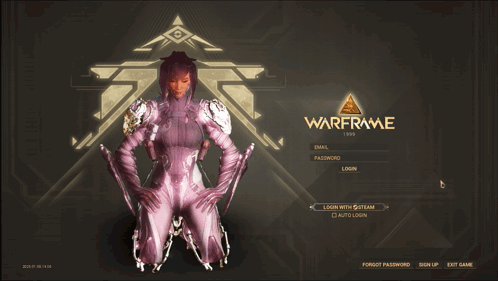 A Woman Is Standing In Front Of A Sign For Warframe GIF