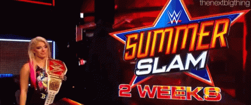 A Woman Is Standing In Front Of A Summer Slam Sign GIF