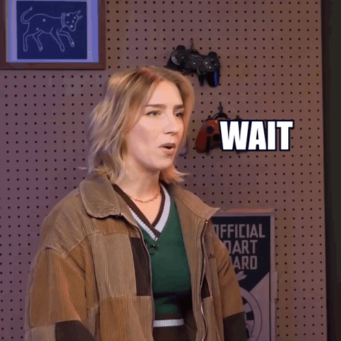 A Woman Is Standing In Front Of A Wall That Says Wait Wait GIF