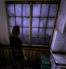 A Woman Is Standing In Front Of A Window With A Purple Background GIF