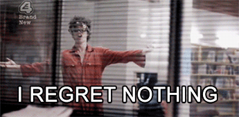 A Woman Is Standing In Front Of A Window With The Words " I Regret Nothing " Written Below Her GIF