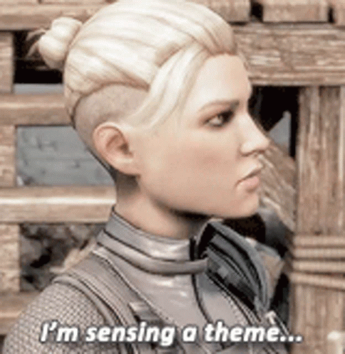 A Woman Is Standing In Front Of A Wooden Fence And Saying `` I 'M Sensing A Theme '' . GIF