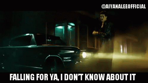 A Woman Is Standing Next To A Car That Says " Falling For Ya I Don 'T Know About It " GIF