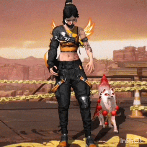 A Woman Is Standing Next To A Dog In A Video Game While Wearing A Mask . GIF