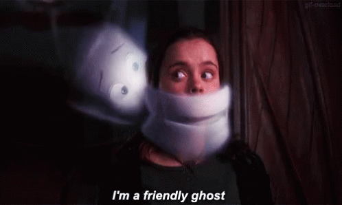 A Woman Is Standing Next To A Ghost With A Bandage Around Her Neck . GIF