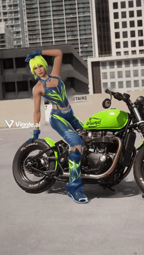 A Woman Is Standing Next To A Green Motorcycle With The Word Triumph On It GIF