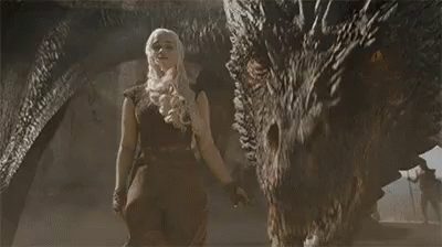 A Woman Is Standing Next To A Large Dragon With A Sword In Her Hand . GIF