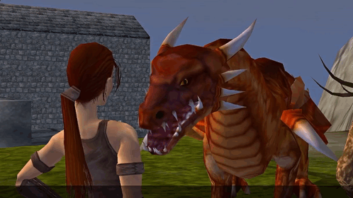 A Woman Is Standing Next To A Large Red Dragon GIF