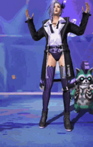 A Woman Is Standing Next To A Raccoon With Her Arms Outstretched . GIF