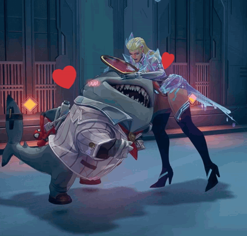 A Woman Is Standing Next To A Shark With Hearts Behind Them GIF