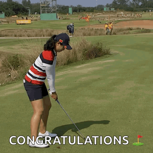 A Woman Is Standing On A Golf Course With The Words Congratulations Written On The Bottom GIF