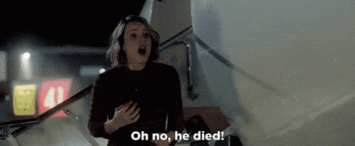 A Woman Is Standing On The Stairs Of An Airplane With Her Mouth Open And Says Oh No , He Died . GIF