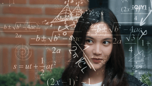 A Woman Is Surrounded By Mathematical Equations Including One That Says ' S = Ut + At2 ' GIF