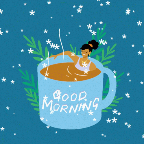 A Woman Is Taking A Bath In A Cup Of Coffee That Says Good Morning GIF