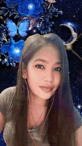 A Woman Is Taking A Selfie With A Crescent Moon And Blue Butterflies In The Background GIF