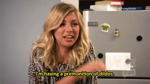 A Woman Is Talking About Having A Premonition Of Dildos GIF