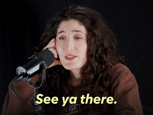 A Woman Is Talking Into A Microphone And The Words See Ya There Are On The Screen GIF