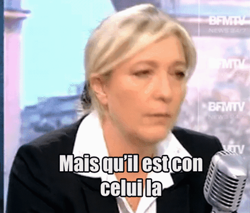 A Woman Is Talking Into A Microphone With The Words Mais Qu ' Il Est Con Celui La GIF