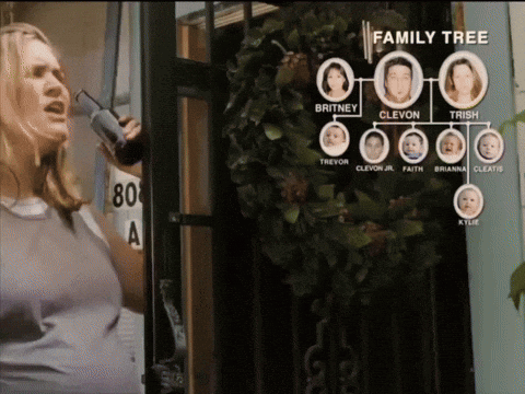 A Woman Is Talking On A Cell Phone With A Family Tree Behind Her GIF