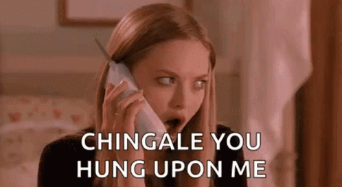 A Woman Is Talking On A Cell Phone With Her Mouth Open And Says `` Chingale You Hung Upon Me '' . GIF