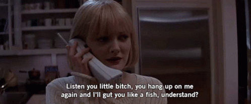 A Woman Is Talking On A Cell Phone With The Words Listen You Little Bitch GIF