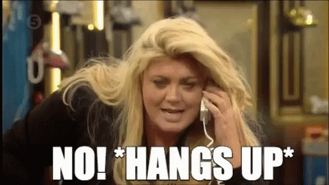 A Woman Is Talking On A Cell Phone With The Words No Hangs Up Written On The Screen . GIF