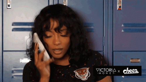 A Woman Is Talking On A Phone With A Cheez Logo In The Corner GIF