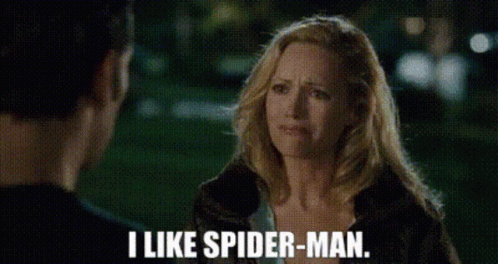 A Woman Is Talking To A Man And Says I Like Spider-Man . GIF