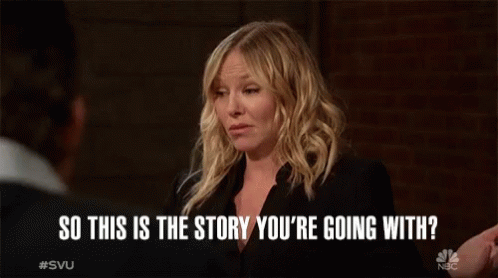 a woman is talking to a man and the words so this is the story you 're going with